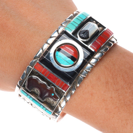 6.6" Don Dewa Zuni sunface spinner sterling silver coral/turquoise cuff bracelet