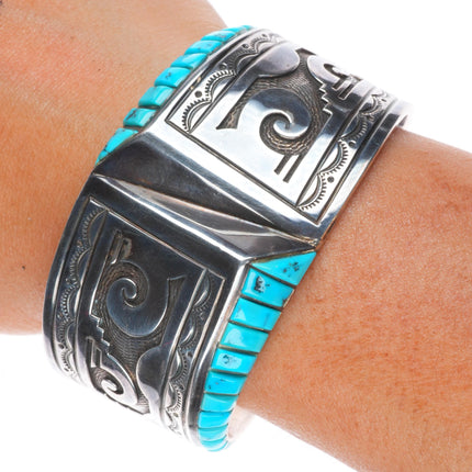 6.6" Charlie Bowie Navajo sterling silver turquoise inlaid vintage cuff bracelet