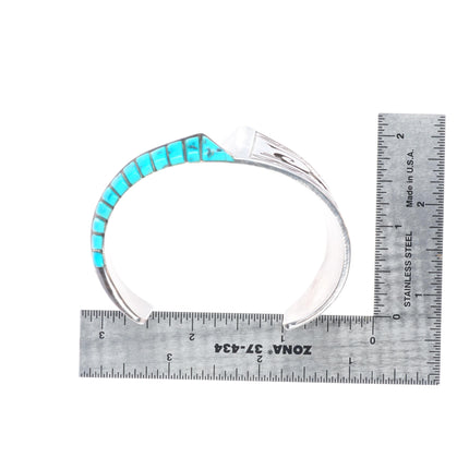 6.6" Charlie Bowie Navajo sterling silver turquoise inlaid vintage cuff bracelet