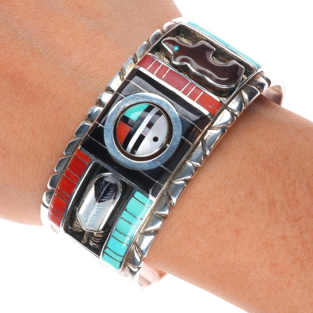 6.6" Don Dewa Zuni sunface spinner sterling silver coral/turquoise cuff bracelet
