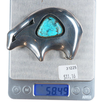 Vintage Navajo sterling silver bear shaped shadowbox belt buckle with turquoise