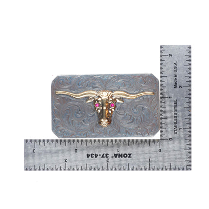 1940's McCabe 10k gold/hand engraved sterling silver rubies longhorn belt buckle