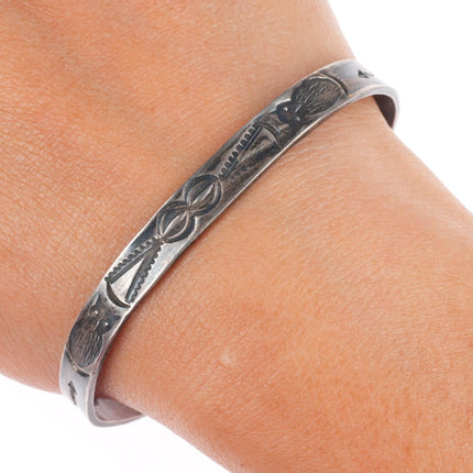 6.5" 1930's Vintage Navajo stamped owls ingot silver slim stacker cuff bracelet