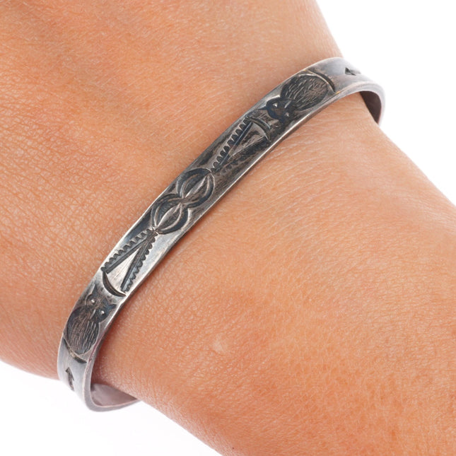 6.5" 1930's Vintage Navajo stamped owls ingot silver slim stacker cuff bracelet