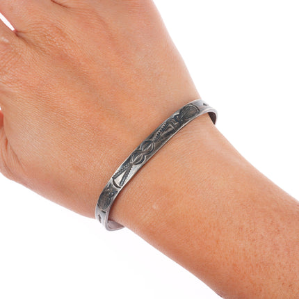 6.5" 1930's Vintage Navajo stamped owls ingot silver slim stacker cuff bracelet