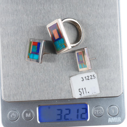 sz9 Lynol Yellowhorse Turquoise Sugilite/turquoise/coral ring/earrings set