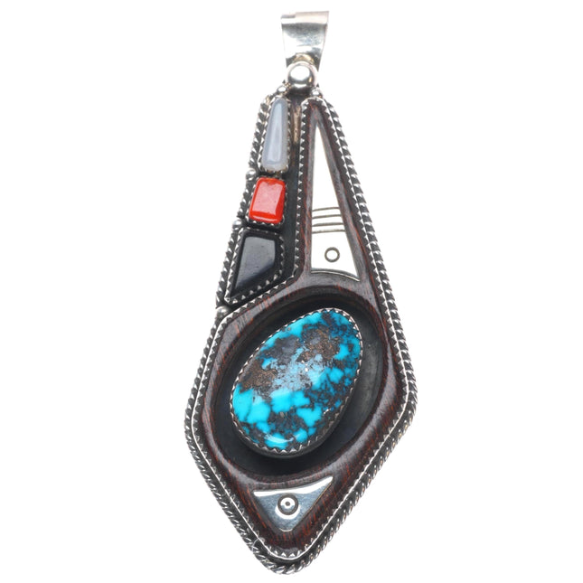 Vintage southwestern modernist Ironwood sterling silver turquoise, coral pendant