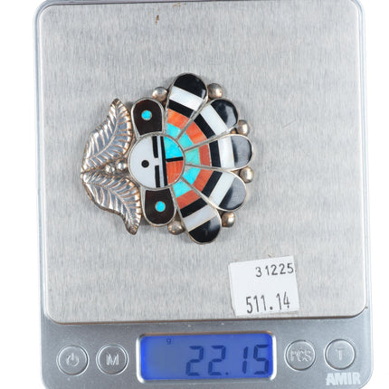 Vintage Zuni sterling silver spiny oyster, turquoise sunface/chief pin/brooch