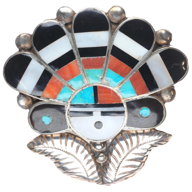 Vintage Zuni sterling silver spiny oyster, turquoise sunface/chief pin/brooch
