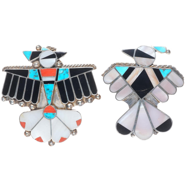 2 Vintage Zuni sterling silver channel inlay thunderbird pins turquoise/coral