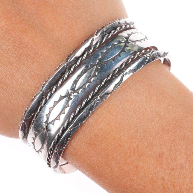 6.3" Vintage Navajo nicely stamped sterling silver carinated edges cuff bracelet
