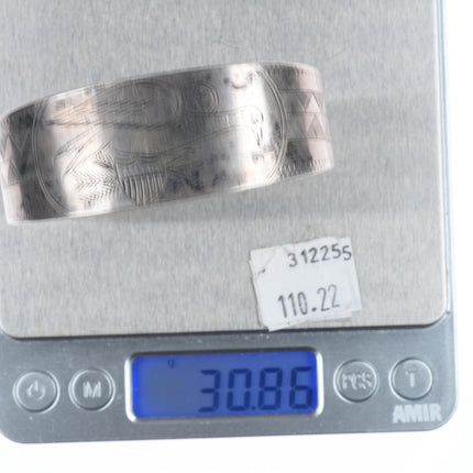 7.25" Antique Haida patriotic eagle/flag carved sterling silver cuff bracelet