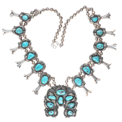 Larry Ruiz Navajo sterling silver high grade turquoise squash blossom necklace