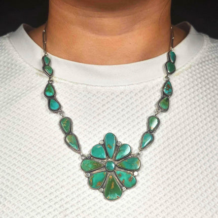 c1950 King's Manassa turquoise Vintage Navajo sterling silver cluster necklace