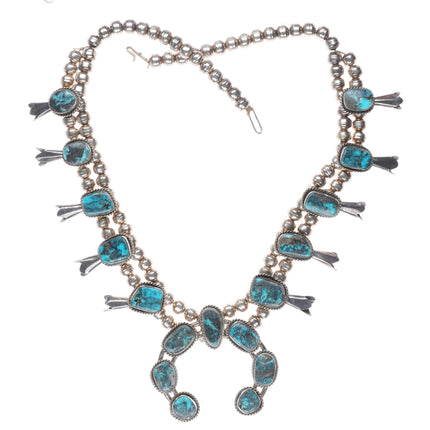 Vintage Navajo sterling silver high grade turquoise squash blossom necklace