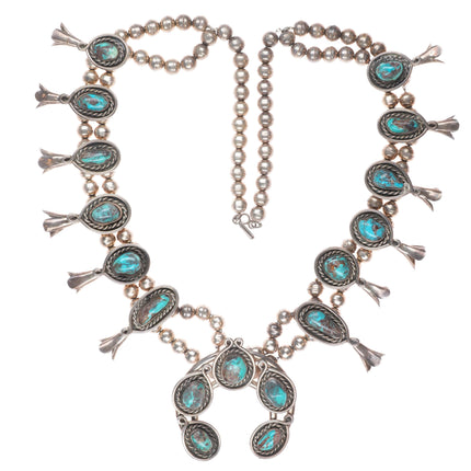 60s-70's Bisbee turquoise vintage Navajo sterling silver squash blossom necklace