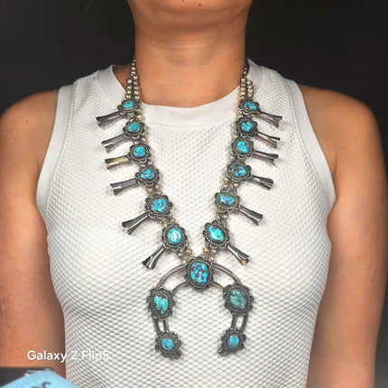 1960's Vintage Navajo sterling silversquash blossom necklace w/nice turquoise