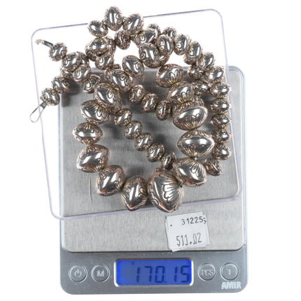 27.5" SW Navajo Pearl hand stamped/handmade beaded sterling silver necklace