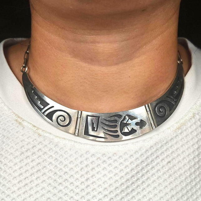 15.5" Mitchel Sockyma Hopi overlay bib choker necklace paw sterling silver