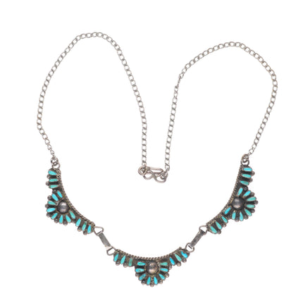 17" 40's-50's Vintage Zuni sterling silver petit point bib necklace turquoise