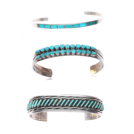 6.25" Vintage Zuni sterling silver turquoise inlay/needlepoint cuff bracelets