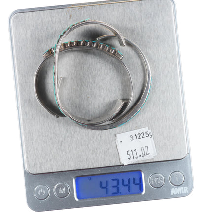 6.25" Vintage Zuni sterling silver turquoise inlay/needlepoint cuff bracelets