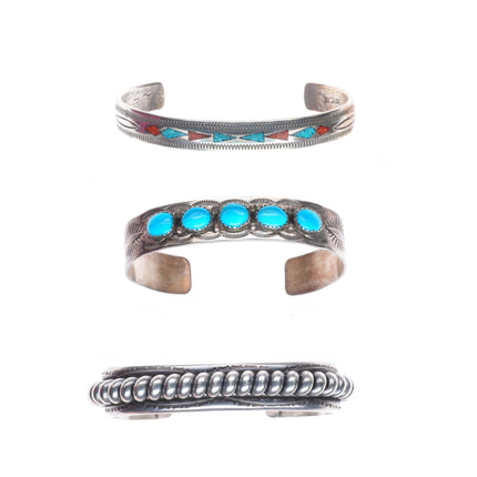 6.3" Vintage Navajo sterling silver row/chip inlay turquoise cuff bracelets