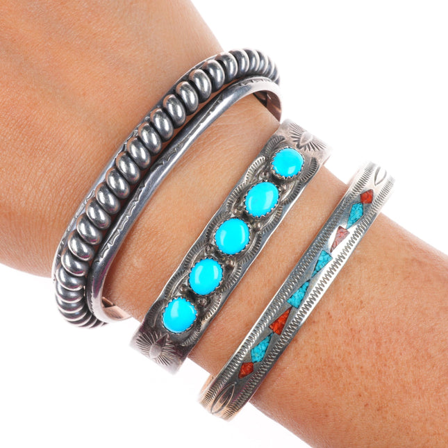 6.3" Vintage Navajo sterling silver row/chip inlay turquoise cuff bracelets