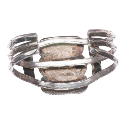 6.75 1940's Navajo sterling silver petrified wood agate cuff bracelet 3 shank
