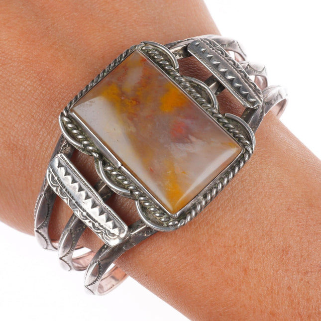 6.75 1940's Navajo sterling silver petrified wood agate cuff bracelet 3 shank