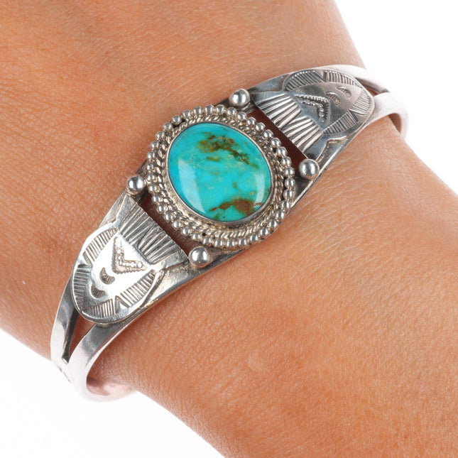 6.75" c1940's Navajo sterling silver hand stamped cuff bracelet with turquoise