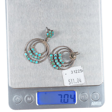 c1940's Vintage Dishta Zuni sterling silver turquoise flush inlay 3 hoop earring