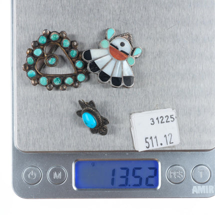 3 Vintage Zuni/Navajo sterling silver turtle/Chief/Heart pins turquoise/inlay