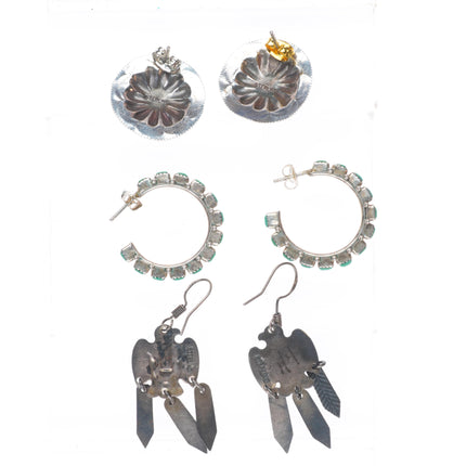 3pr Vintage Navajo/Zuni sterling silver thunderbird, petit point concho earrings