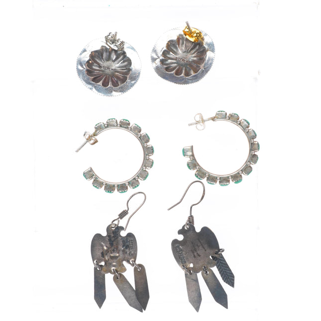 3pr Vintage Navajo/Zuni sterling silver thunderbird, petit point concho earrings