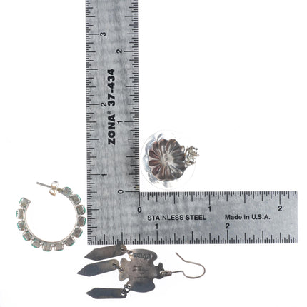 3pr Vintage Navajo/Zuni sterling silver thunderbird, petit point concho earrings