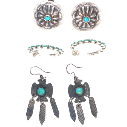 3pr Vintage Navajo/Zuni sterling silver thunderbird, petit point concho earrings
