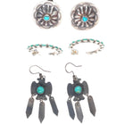 3pr Vintage Navajo/Zuni sterling silver thunderbird, petit point concho earrings