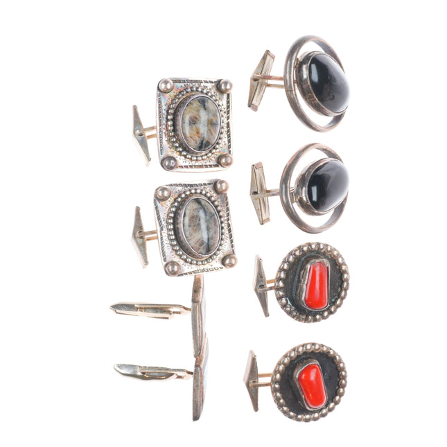 Vintage Southwestern sterling silver coral/Onyx/shell/jasper cufflinks lot