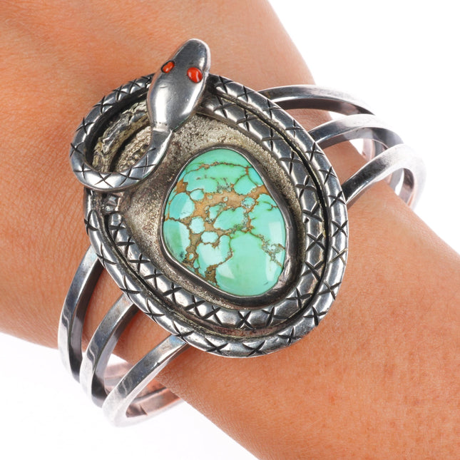 7" Heavy vintage Zuni sterling silver turquoise/coral snake cuff bracelet