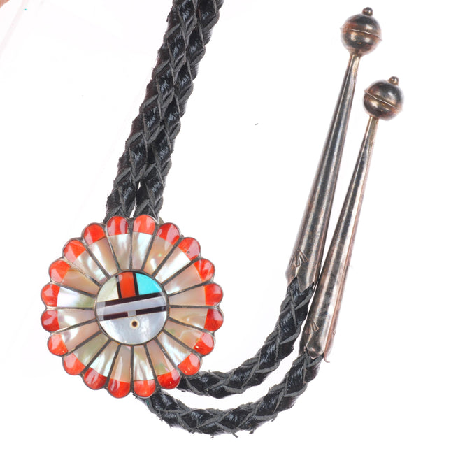 Vintage Zuni sterling silver shell/turquoise/coral inlay sunface bolo tie