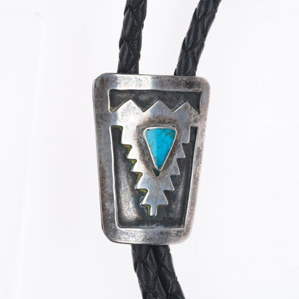 c1950 Vintage Navajo sterling silver waterweb turquoise bolo tie overlay style