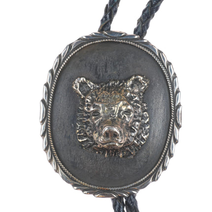 Heavy vintage 3D bear bust southwestern sterling silver bolo tie arrowhead tips