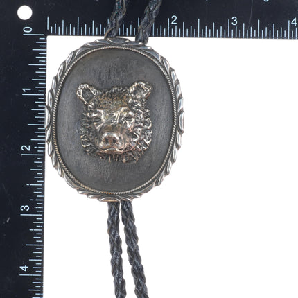 Heavy vintage 3D bear bust southwestern sterling silver bolo tie arrowhead tips
