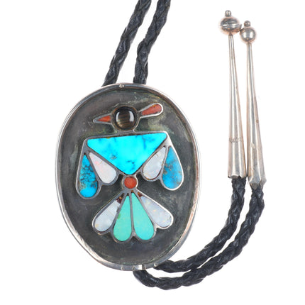 c1960 c-31 Zuni sterling silver turquoise/coral inlay thunderbird bolo tie