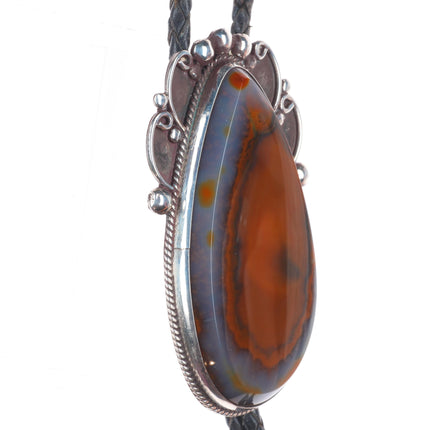 c1970 Big Ramon Native American sterling silver petrified Wood agate bolo tie