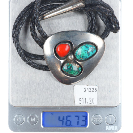 Carl Allen Begay (1912-1972) Navajo sterling silver turquoise/coral bolo tie