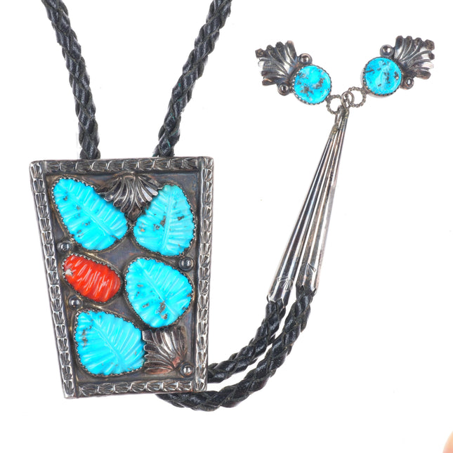 Big vintage Loyolita Tsatte zuni carved turquoise/coral sterling silver bolo tie