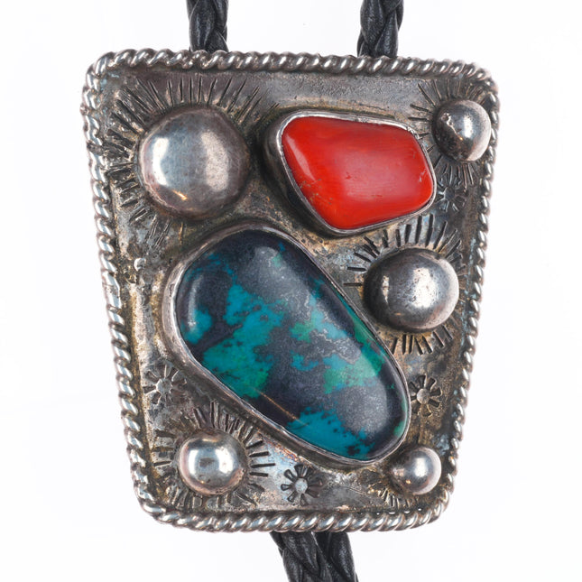 Vintage M Platero Navajo sterling silver coral/Chrysocolla bolo tie