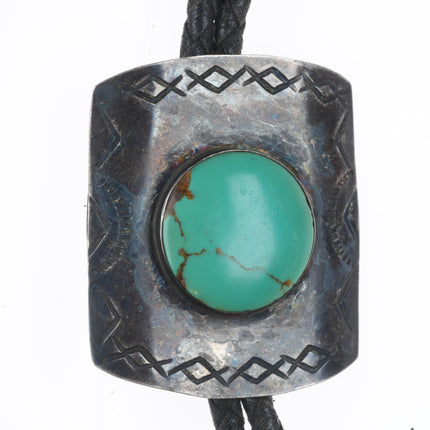 1950's Navajo hand stamped sterling silver green turquoise bolo tie